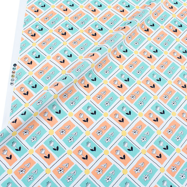 生地 FiN tex-フィンテックス- タイル花柄 約140cm幅×50cmカット(OKF-028) 1OR.オレンジ/ミント 09Ae06_